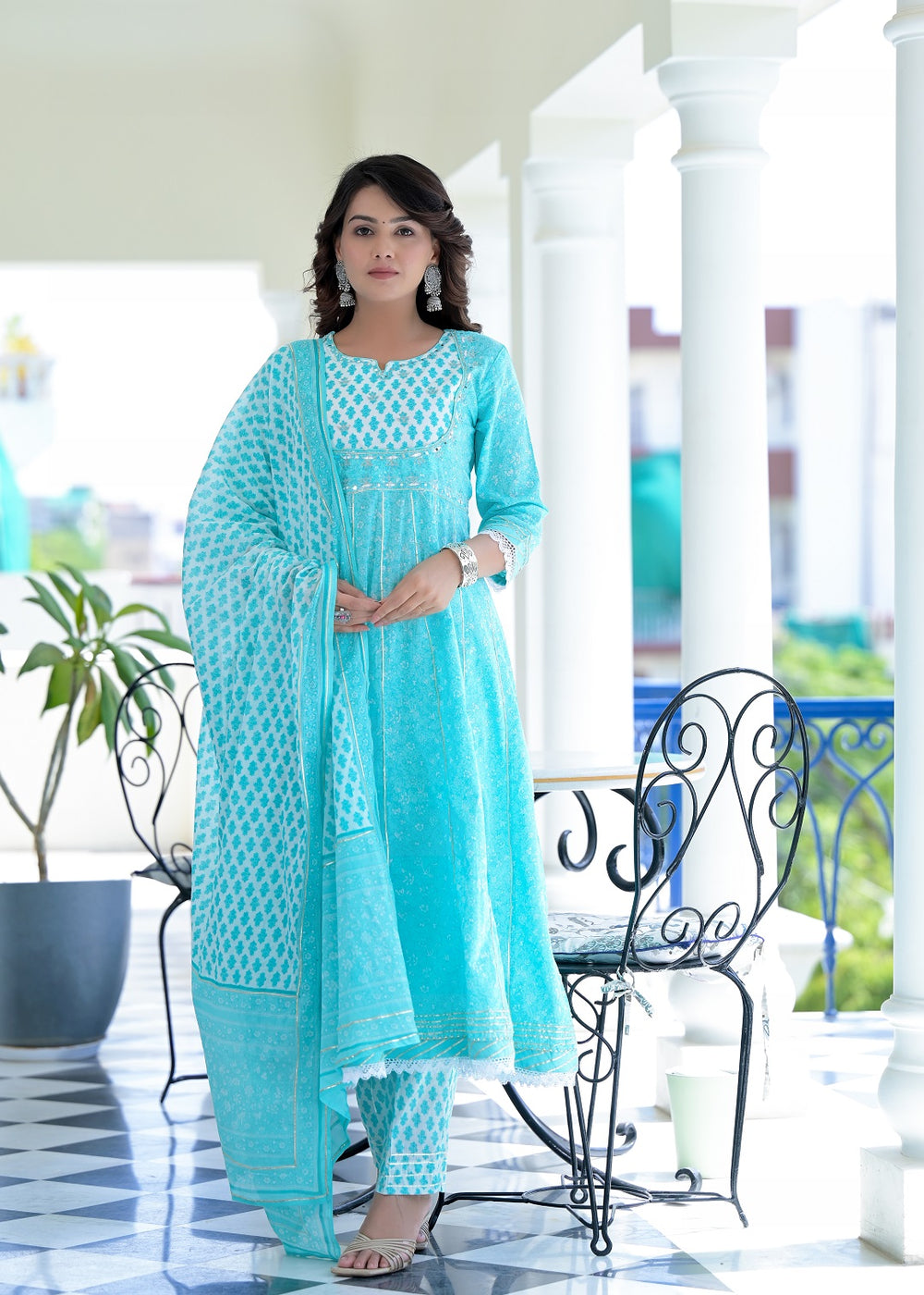 Juniper Women's Sky Blue Cotton Printed Straight Kurta Pant Dupatta Set - Distacart