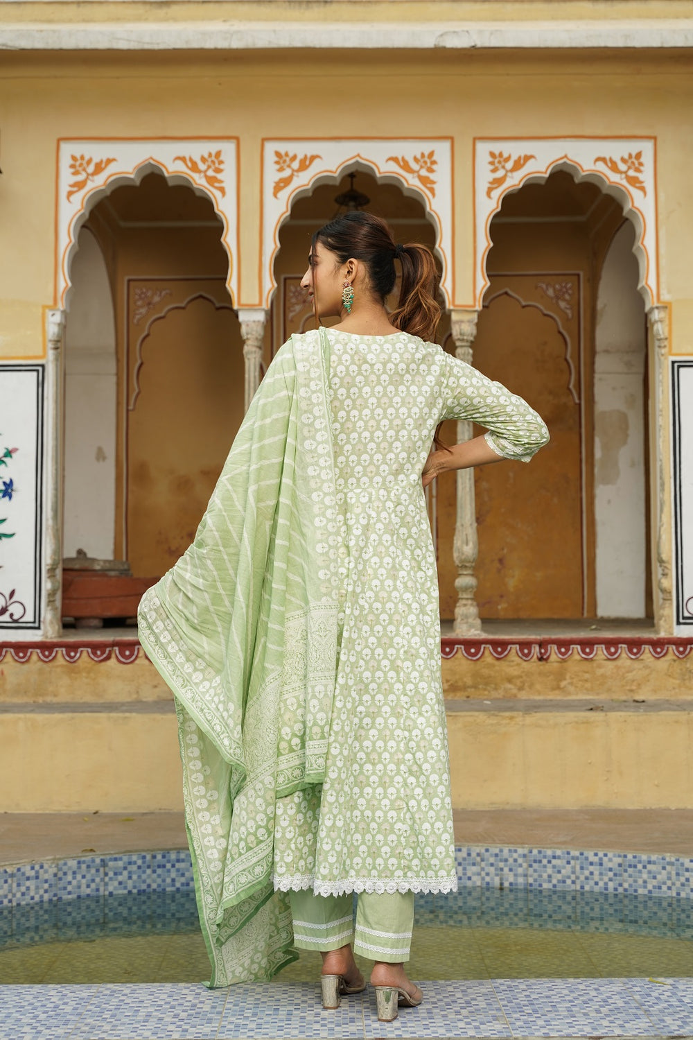 Juniper Women's Sage Green Cotton Printed Straight Kurta Pant Dupatta Set - Distacart