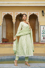 Thumbnail for Juniper Women's Sage Green Cotton Printed Straight Kurta Pant Dupatta Set - Distacart