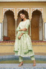 Thumbnail for Juniper Women's Sage Green Cotton Printed Straight Kurta Pant Dupatta Set - Distacart
