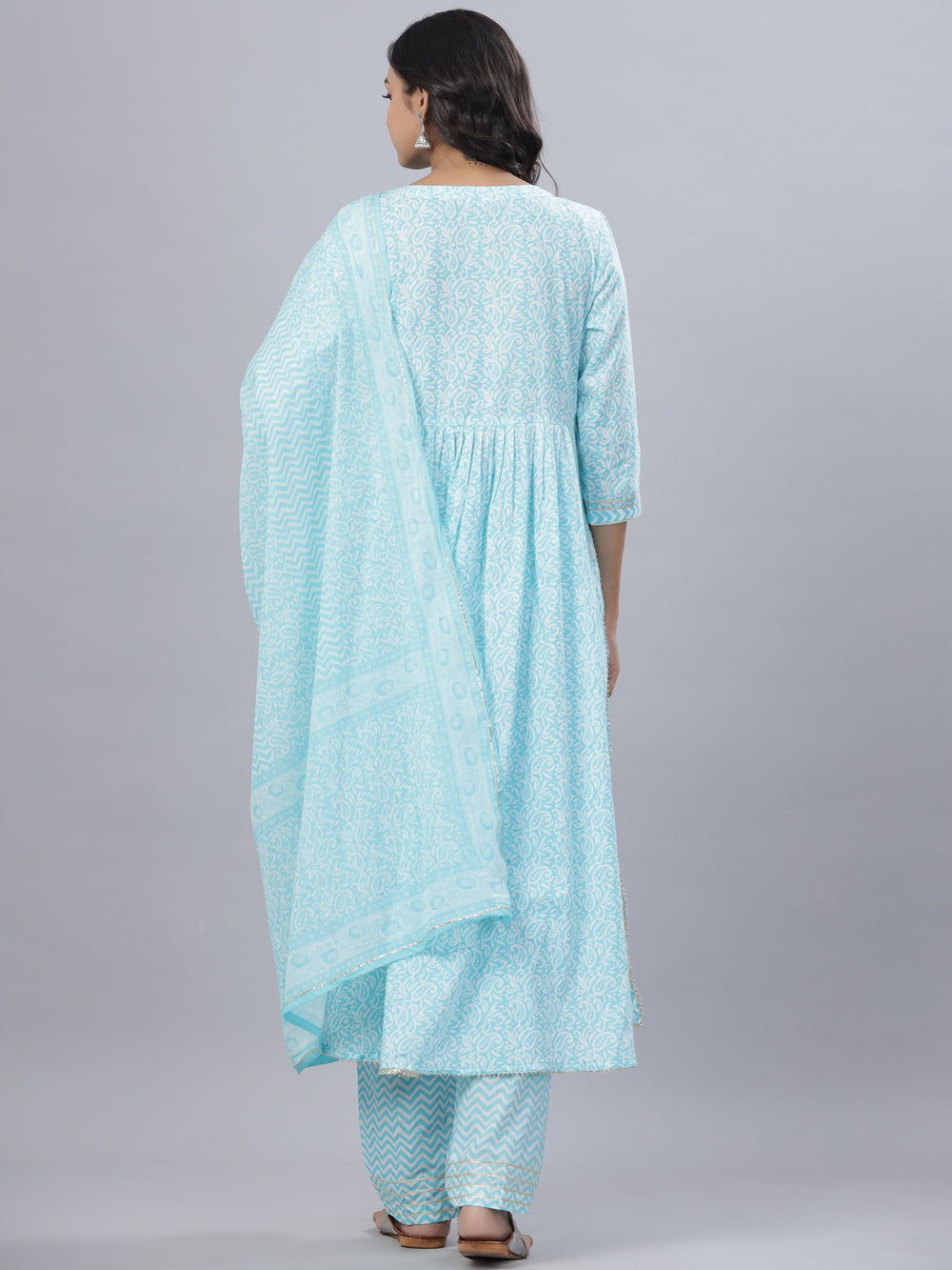 Juniper Women's Sky Blue Cotton Printed Straight Kurta Pant Dupatta Set - Distacart