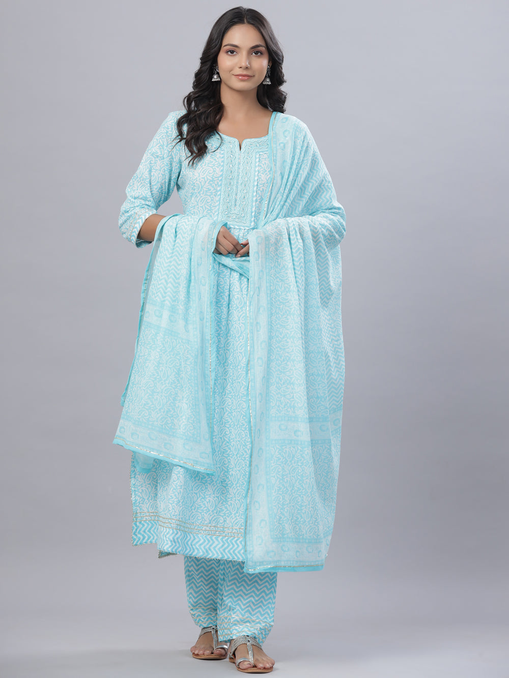 Juniper Women's Sky Blue Cotton Printed Straight Kurta Pant Dupatta Set - Distacart