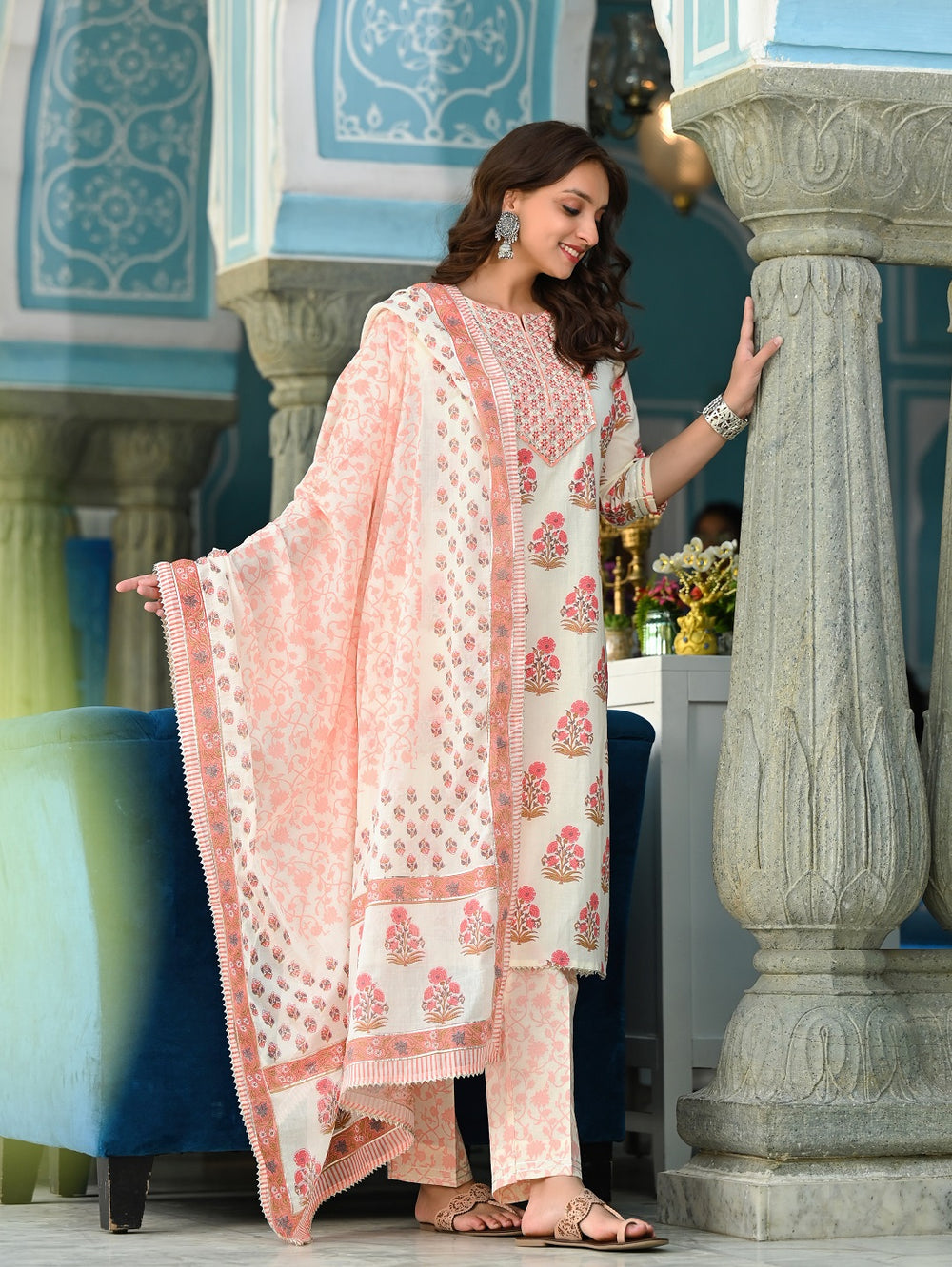 Juniper Women's Beige Cotton Printed Straight Kurta Pant Dupatta Set - Distacart