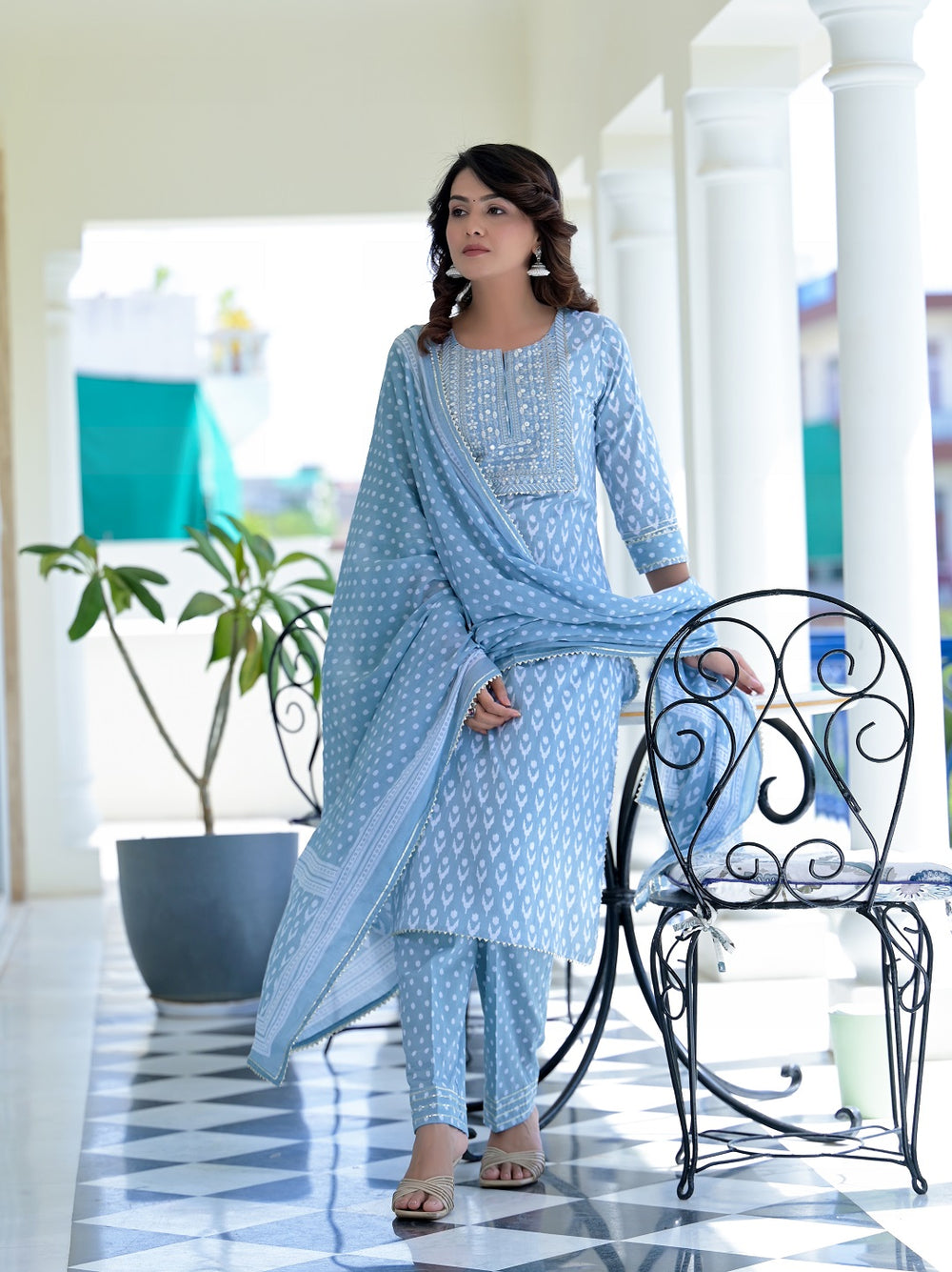 Juniper Women's Grey Cotton Printed Straight Kurta Pant Dupatta Set - Distacart