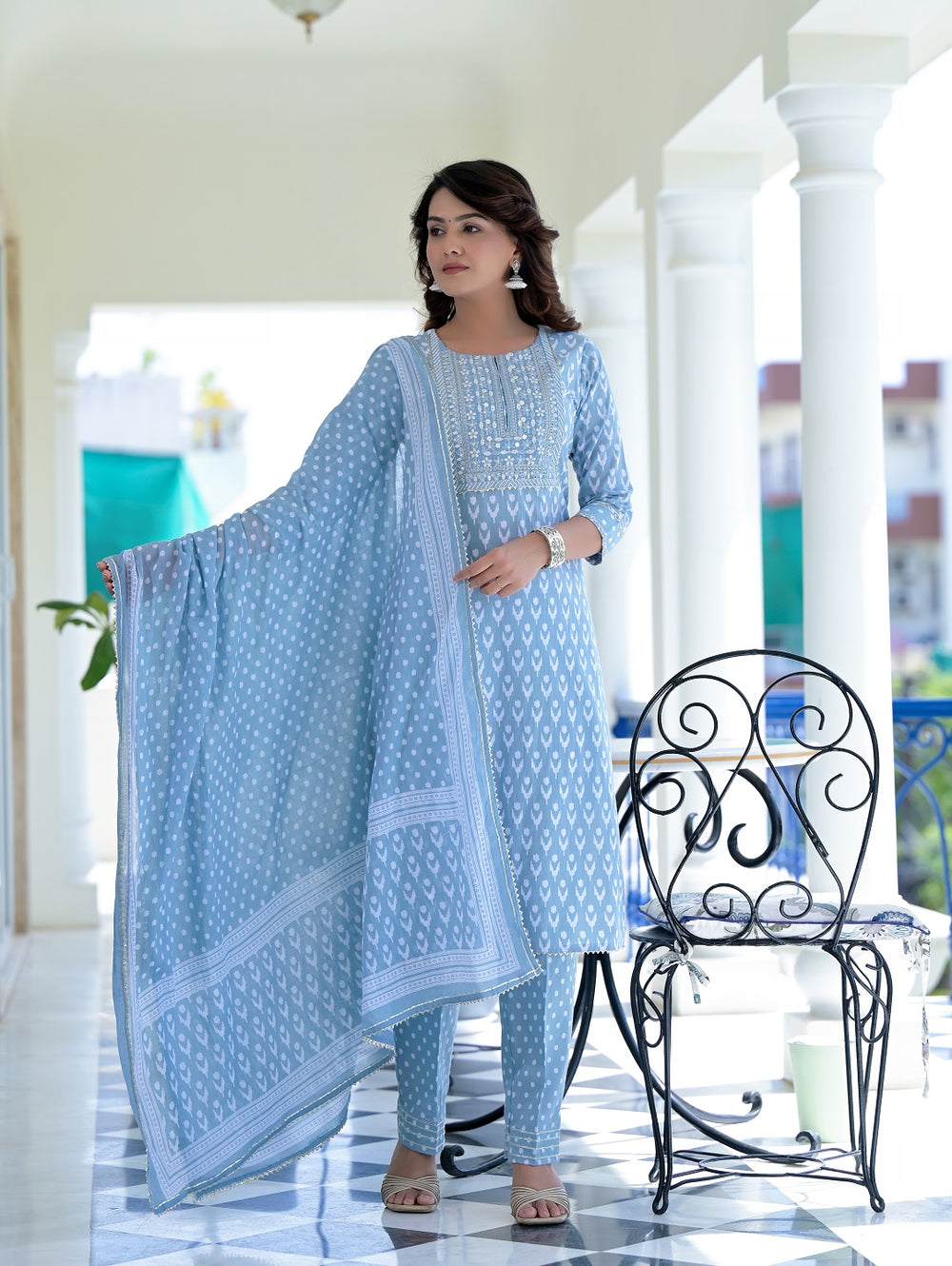 Juniper Women's Grey Cotton Printed Straight Kurta Pant Dupatta Set - Distacart