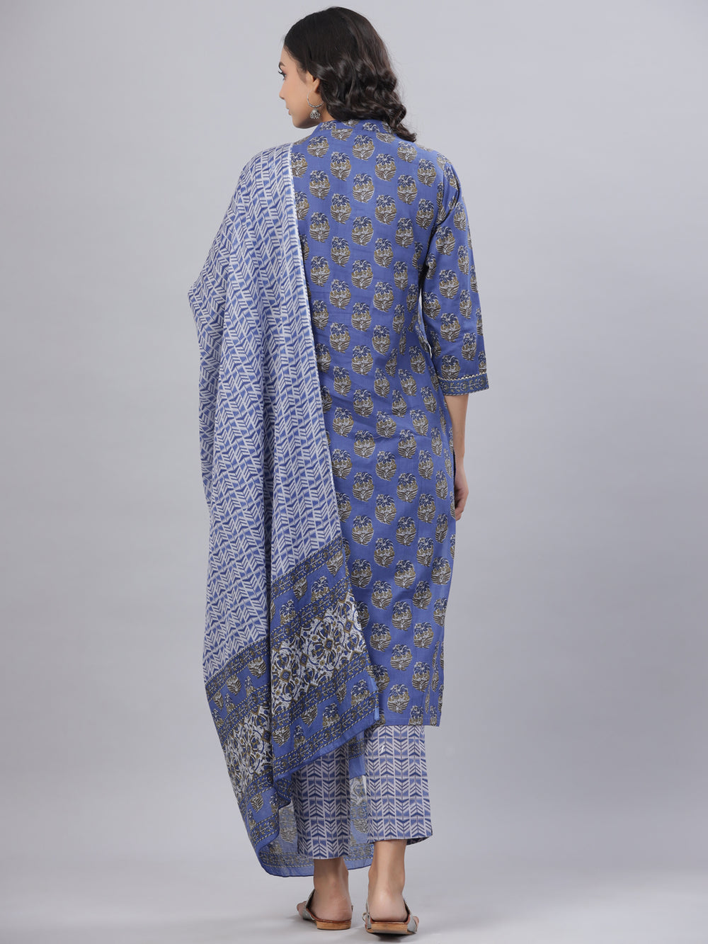 Juniper Women's Royal Blue Cotton Printed Straight Kurta Pant Dupatta Set - Distacart