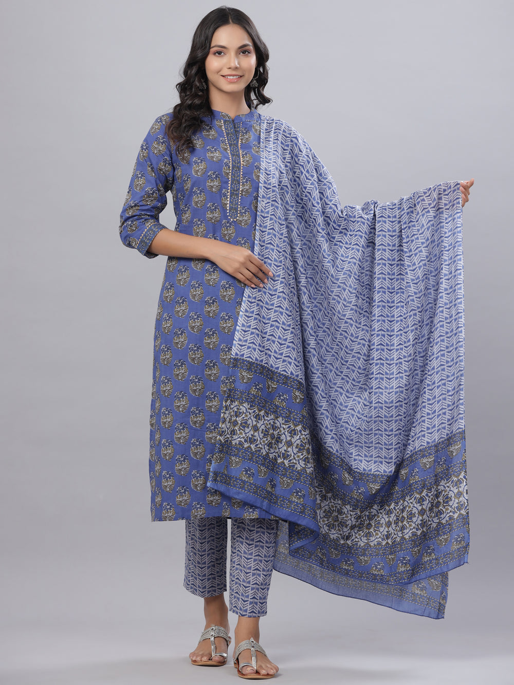 Juniper Women's Royal Blue Cotton Printed Straight Kurta Pant Dupatta Set - Distacart