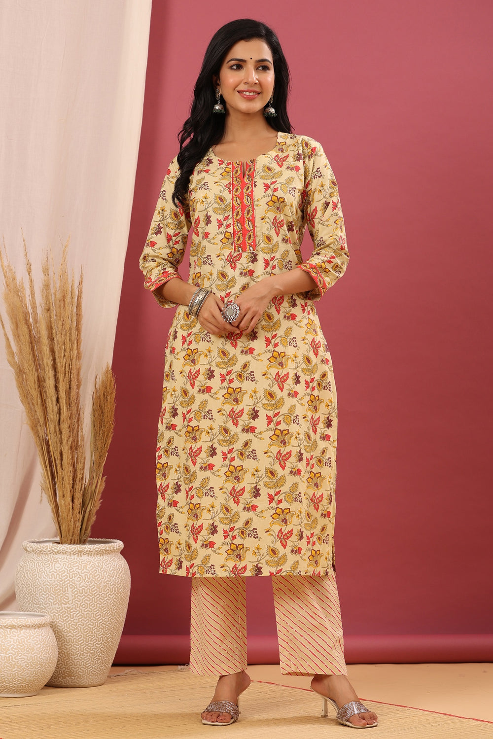 Juniper Women's Beige Cotton Printed Straight Kurta Pant Dupatta Set - Distacart