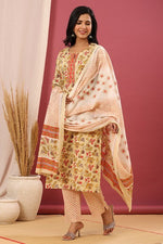 Thumbnail for Juniper Women's Beige Cotton Printed Straight Kurta Pant Dupatta Set - Distacart