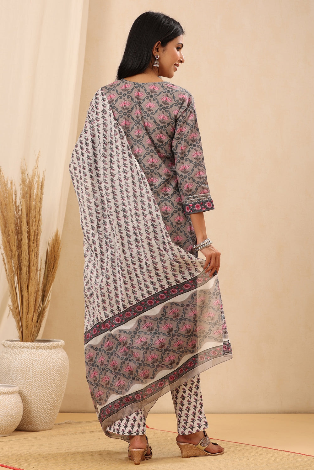 Juniper Women's Grey Cotton Printed Straight Kurta Pant Dupatta Set - Distacart