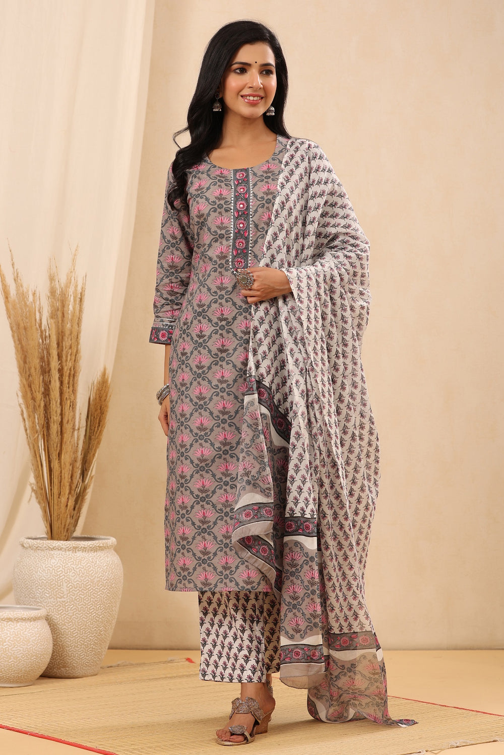Juniper Women's Grey Cotton Printed Straight Kurta Pant Dupatta Set - Distacart