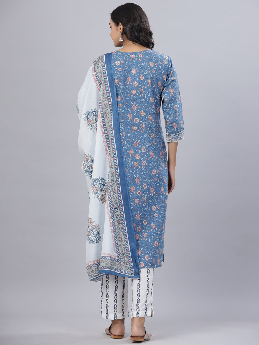 Juniper Women's Royal Blue Cotton Printed Straight Kurta Pant Dupatta Set - Distacart