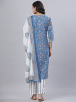 Thumbnail for Juniper Women's Royal Blue Cotton Printed Straight Kurta Pant Dupatta Set - Distacart