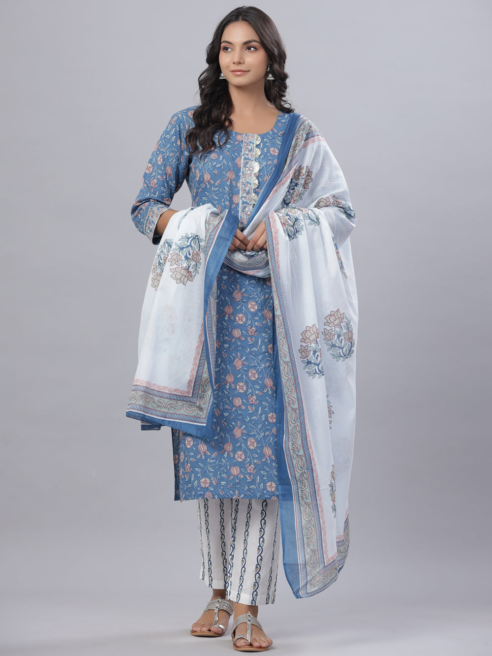 Juniper Women's Royal Blue Cotton Printed Straight Kurta Pant Dupatta Set - Distacart