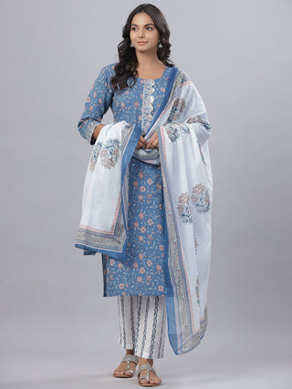Juniper Women's Royal Blue Cotton Printed Straight Kurta Pant Dupatta Set - Distacart
