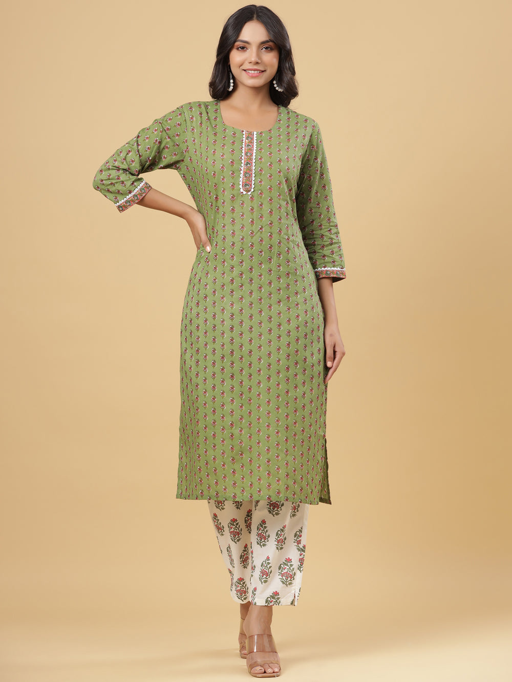 Juniper Women's Green Cotton Printed Straight Kurta Pant Dupatta Set - Distacart