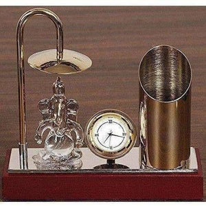 Ganesh Ji Crystal Showpiece Figurine, Classic Table Clock & Stylish Pen Stand,Brass & Stainless Steel In Gold & Silver Plating - Distacart
