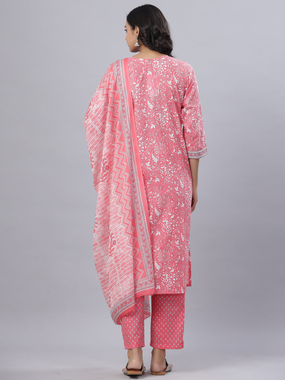 Juniper Women's Pink Cotton Printed Straight Kurta Pant Dupatta Set - Distacart