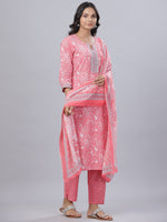 Thumbnail for Juniper Women's Pink Color Cotton Printed Straight Kurta Pant Dupatta Set - Distacart