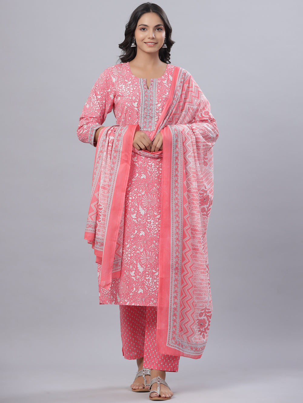 Juniper Women's Pink Cotton Printed Straight Kurta Pant Dupatta Set - Distacart