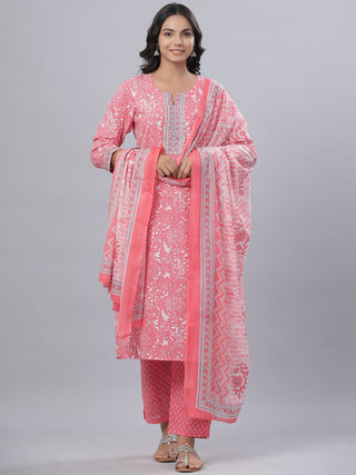 Juniper Women's Pink Color Cotton Printed Straight Kurta Pant Dupatta Set - Distacart