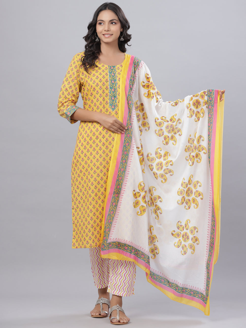 Juniper Women's Royal Blue Cotton Printed Straight Kurta Pant Dupatta Set - Distacart