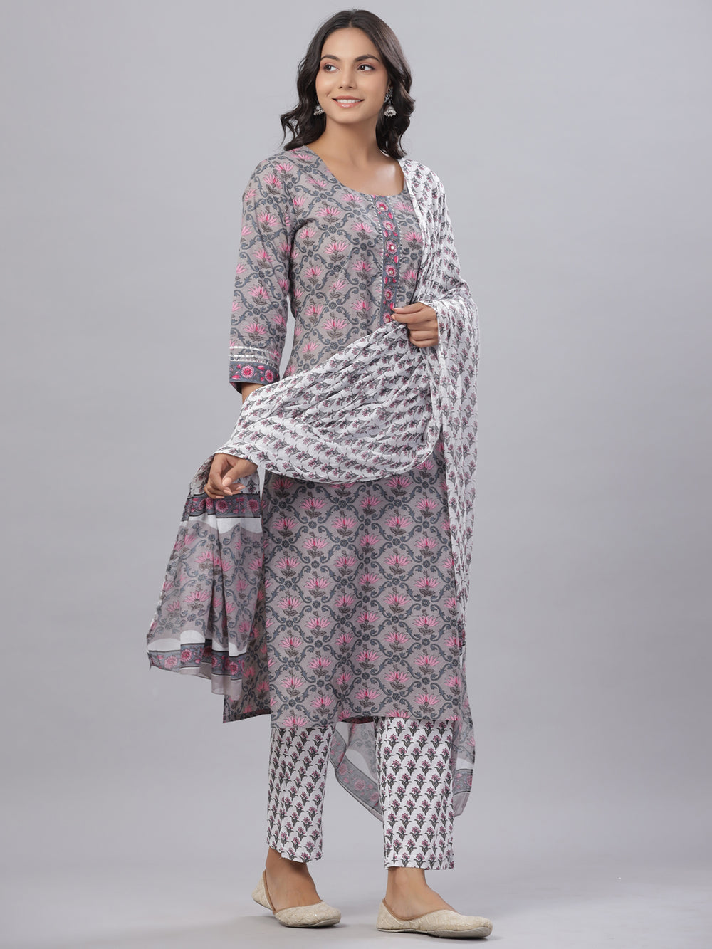 Juniper Women's Royal Blue Cotton Printed Straight Kurta Pant Dupatta Set - Distacart