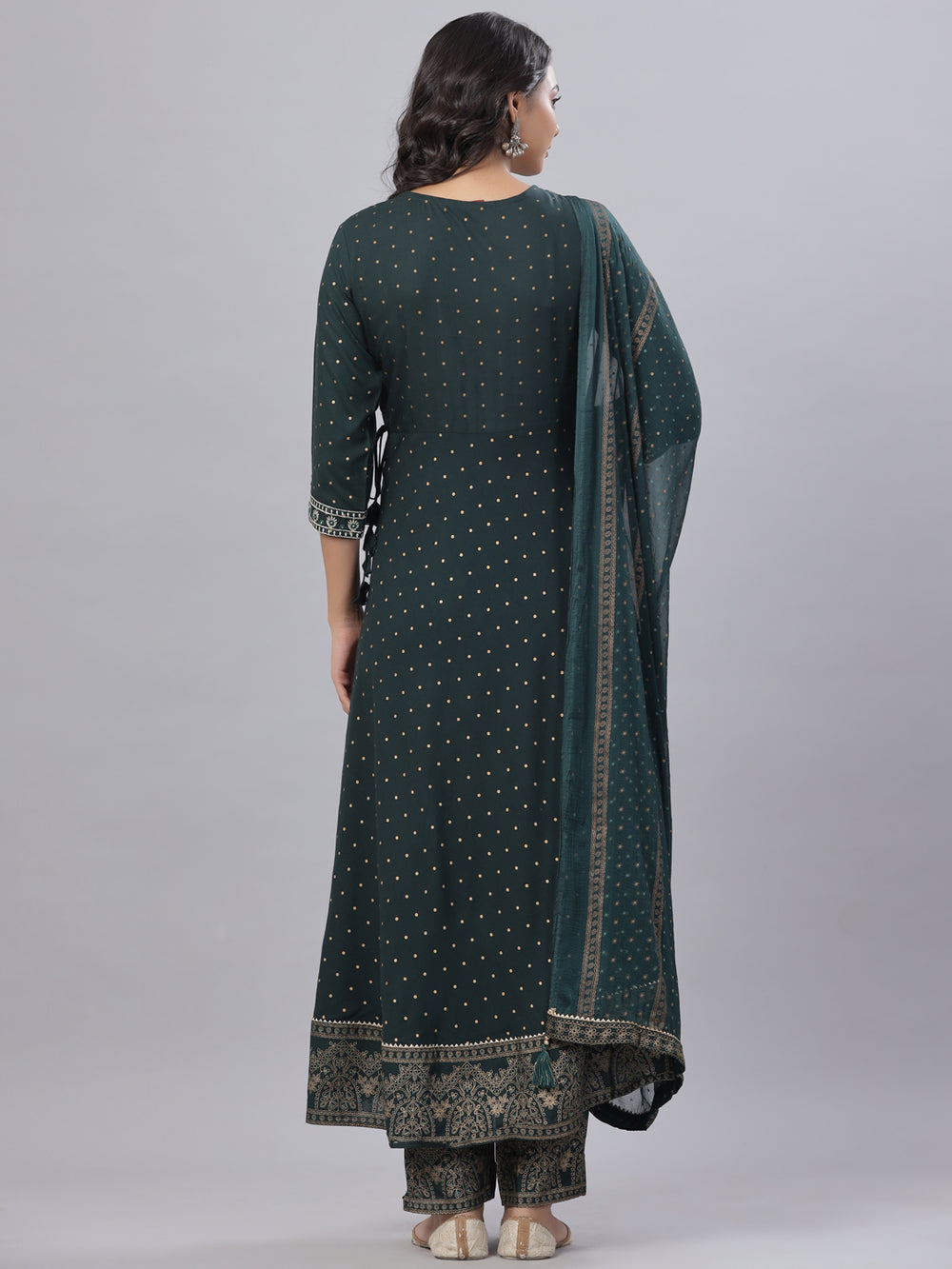 Juniper Women's Bottle Green Rayon Printed Embroidered A-Line Kurta Pant Set - Distacart