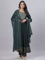Thumbnail for Juniper Women's Bottle Green Rayon Printed Embroidered A-Line Kurta Pant Set - Distacart