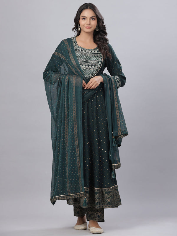 Juniper Women's Bottle Green Rayon Printed Embroidered A-Line Kurta Pant Set - Distacart