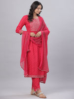 Thumbnail for Juniper Women's Fuchsia Rayon Printed Embroidered A-Line Kurta Pant Set - Distacart