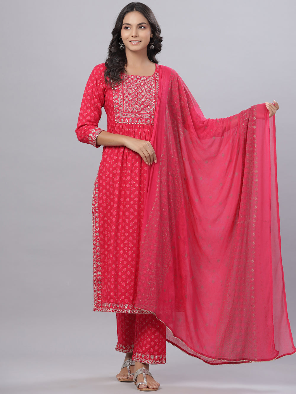 Juniper Women's Fuchsia Rayon Printed Embroidered A-Line Kurta Pant Set - Distacart