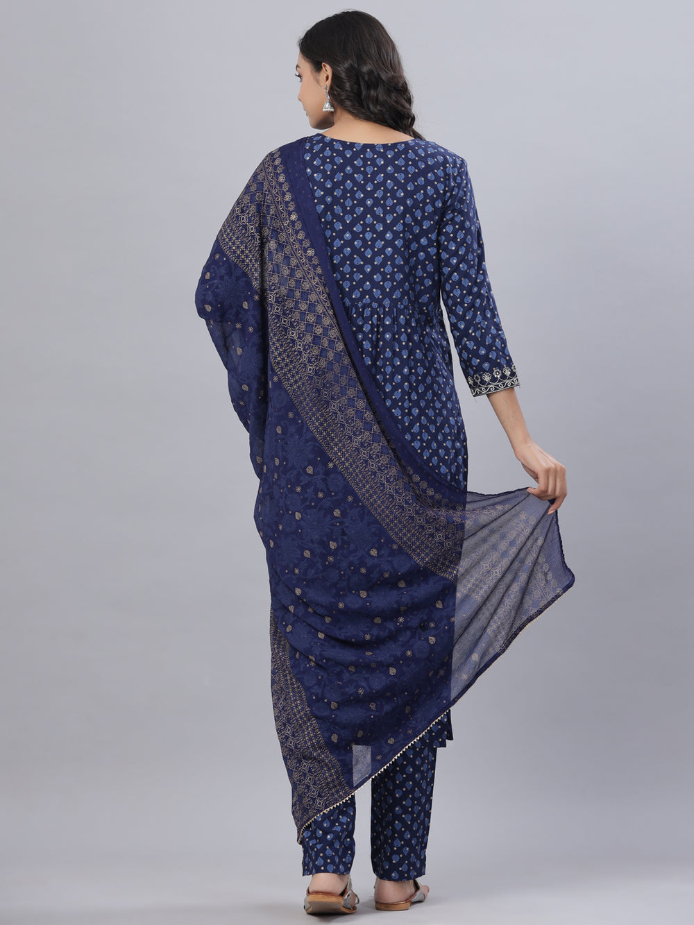 Juniper Women's Navy Blue Rayon Printed Embroidered A-Line Kurta Pant Set - Distacart