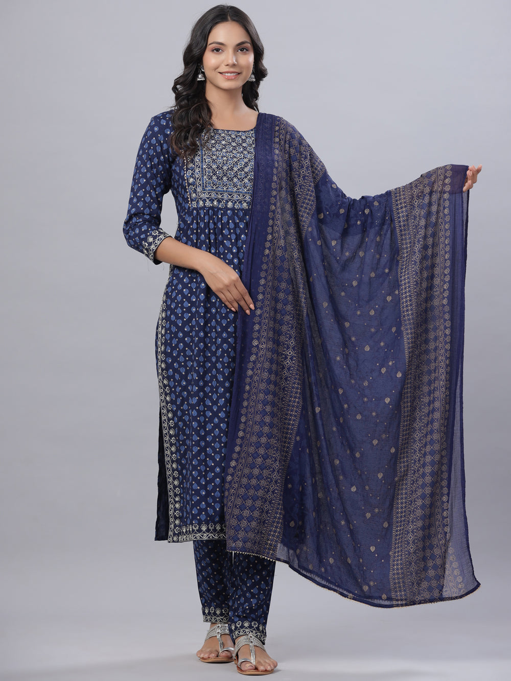 Juniper Women's Navy Blue Rayon Printed Embroidered A-Line Kurta Pant Set - Distacart