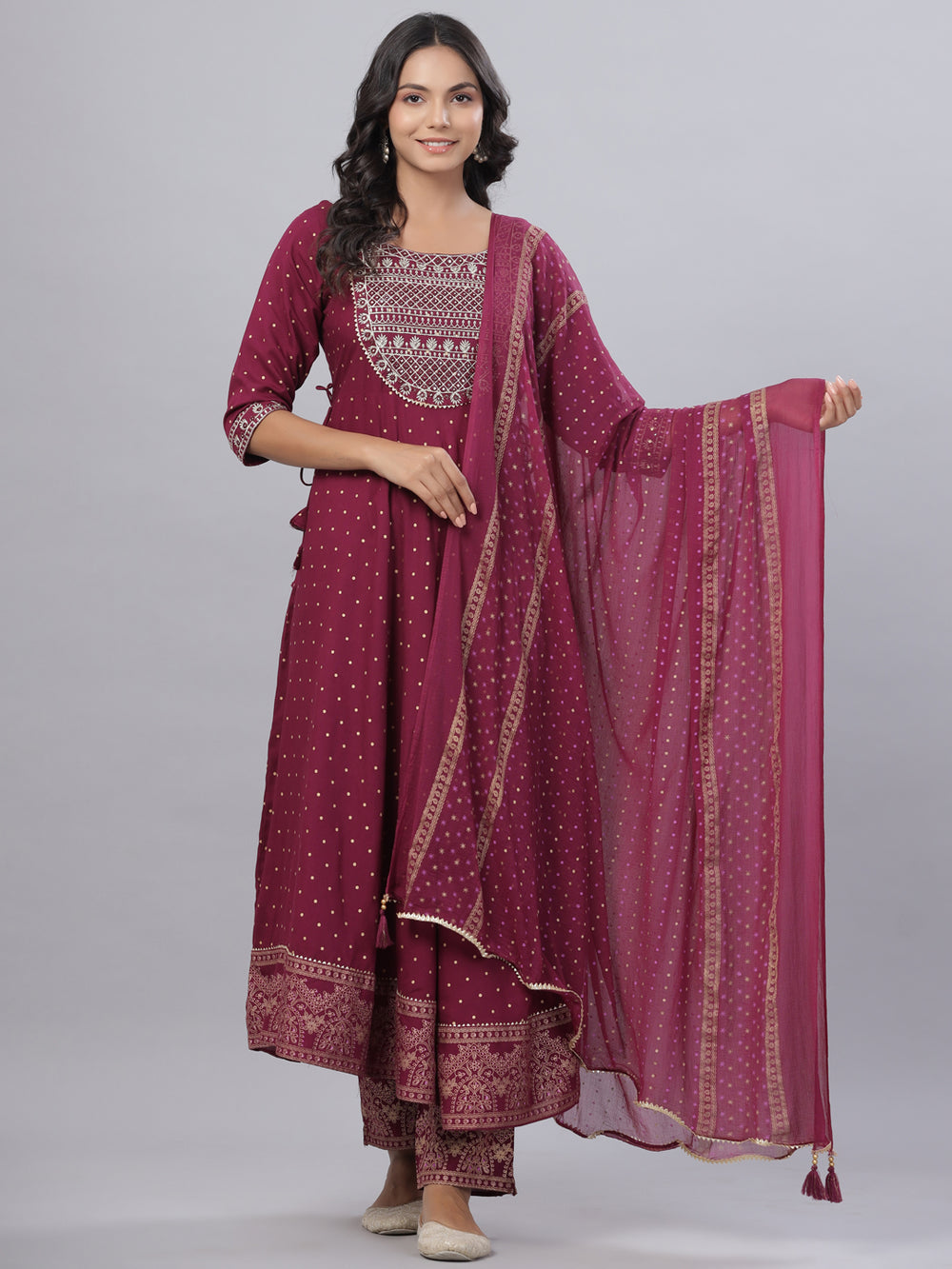 Juniper Women's Mauve Rayon Printed Embroidered A-Line Kurta Pant Set - Distacart