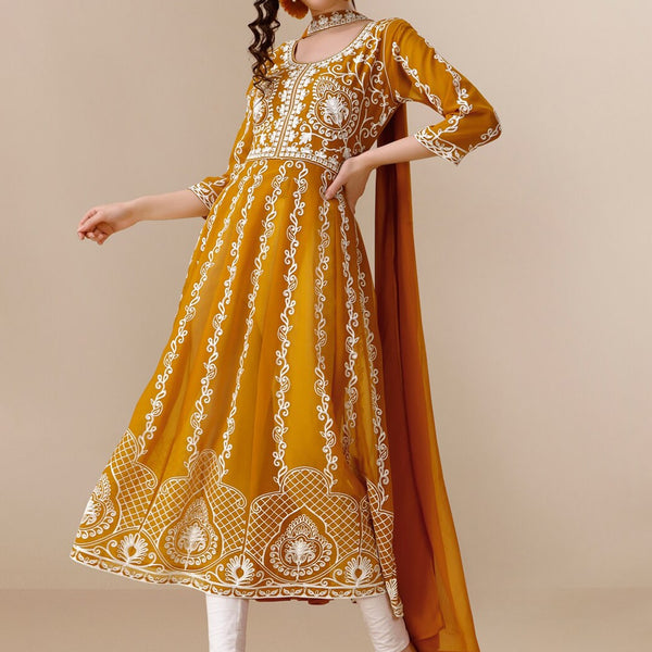 HERE&NOW Floral Lucknowi Chikankari Embroidered Georgette Anarkali Kurta with Dupatta - Distacart