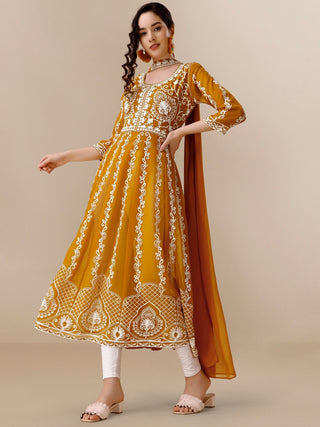 HERE&NOW Floral Lucknowi Chikankari Embroidered Georgette Anarkali Kurta with Dupatta - Distacart