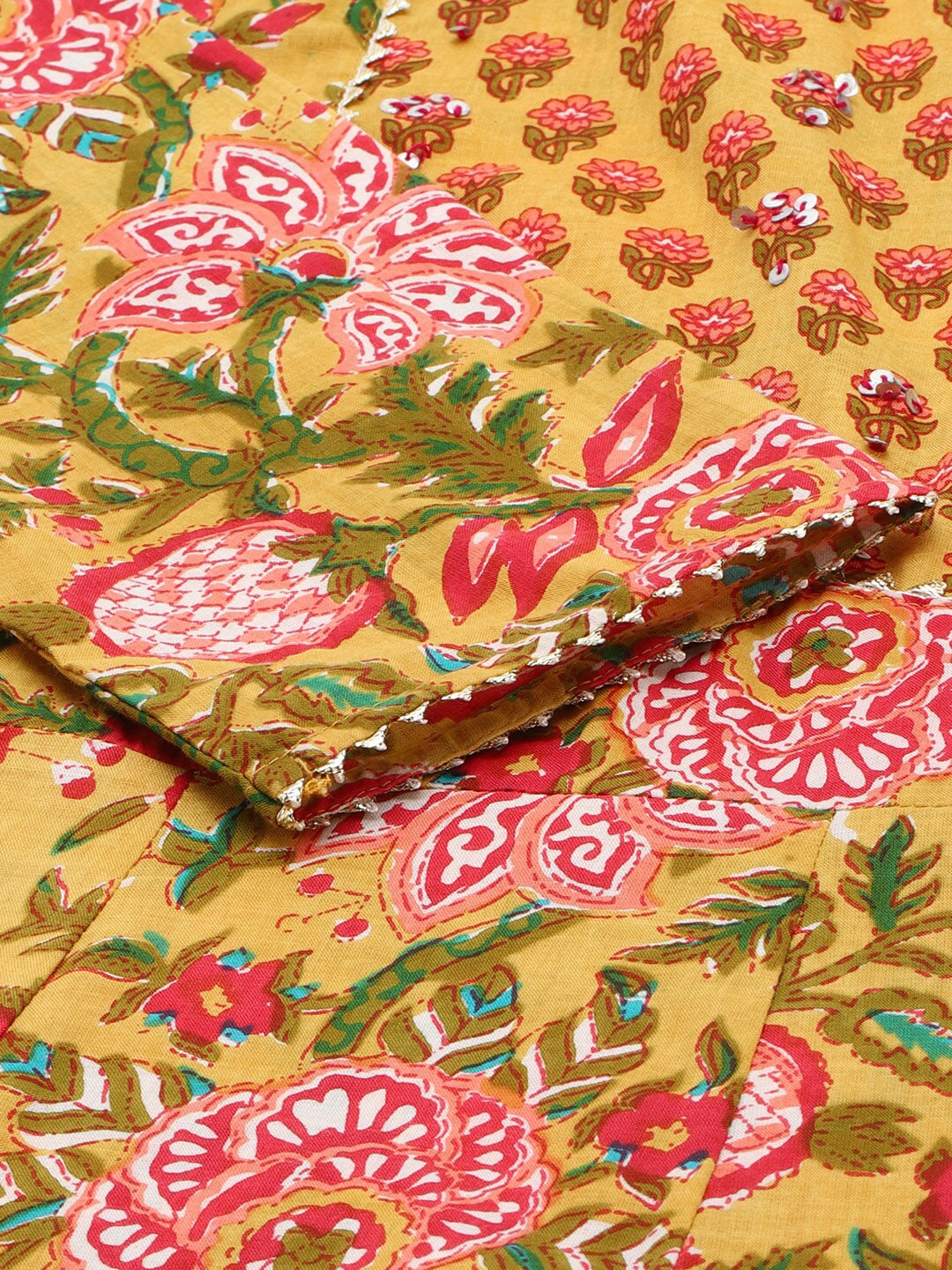 HERE&NOW Women Mustard Yellow Floral Printed Angrakha Gotta Patti Pure Cotton Kurta with Trousers & With - Distacart