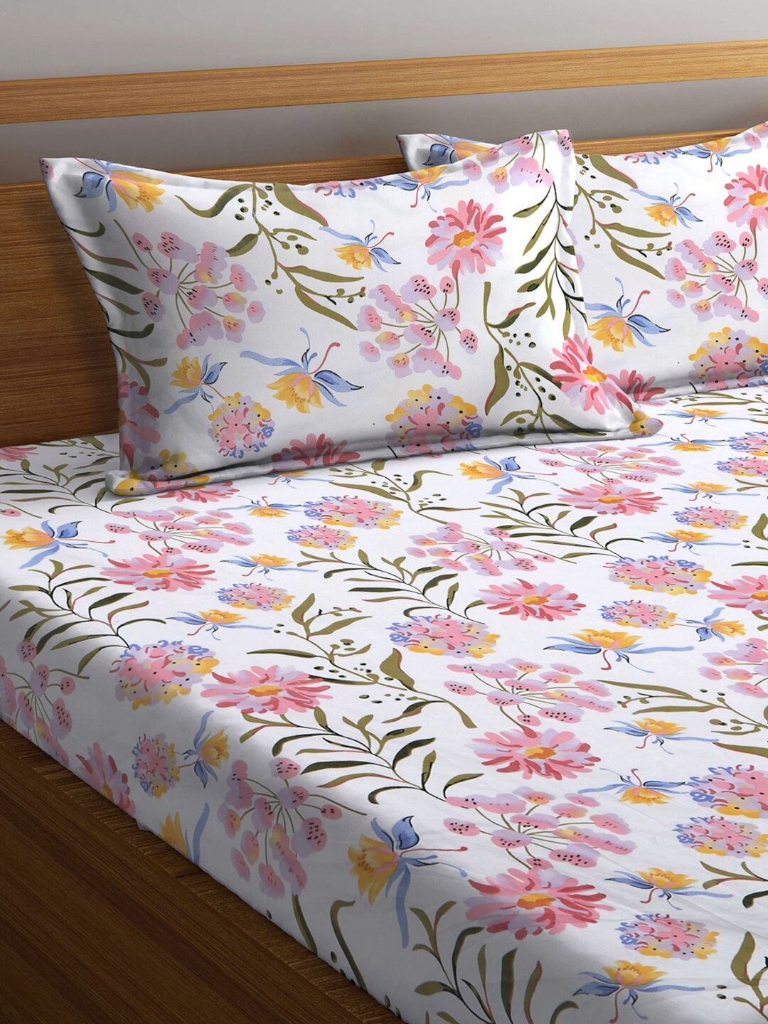 KLOTTHE Floral 300 TC Fitted Super King Bedsheet with 2 Pillow Covers - Distacart