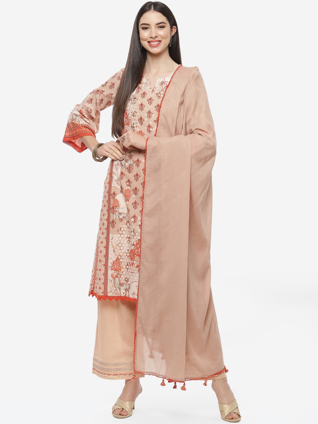 Biba Women Brown Ethnic Motifs Printed Kurta with Palazzos & With Dupatta - Distacart
