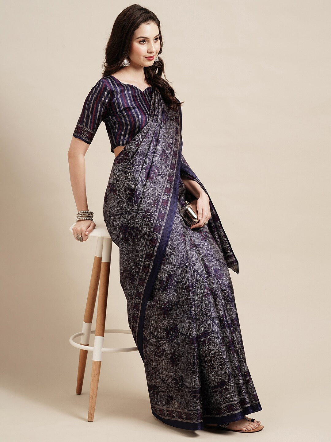 Saree Mall Navy Blue & Grey Floral Art Silk Bhagalpuri Sarees - Distacart