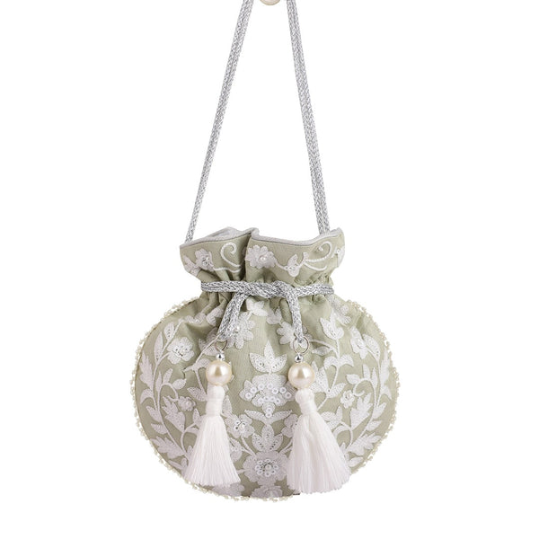 Masq Green & White Embellished Embroidered Potli Clutch - Distacart