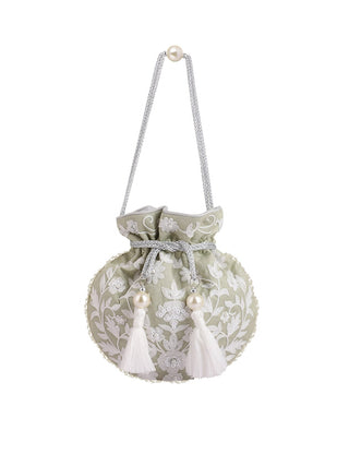 Masq Green & White Embellished Embroidered Potli Clutch - Distacart