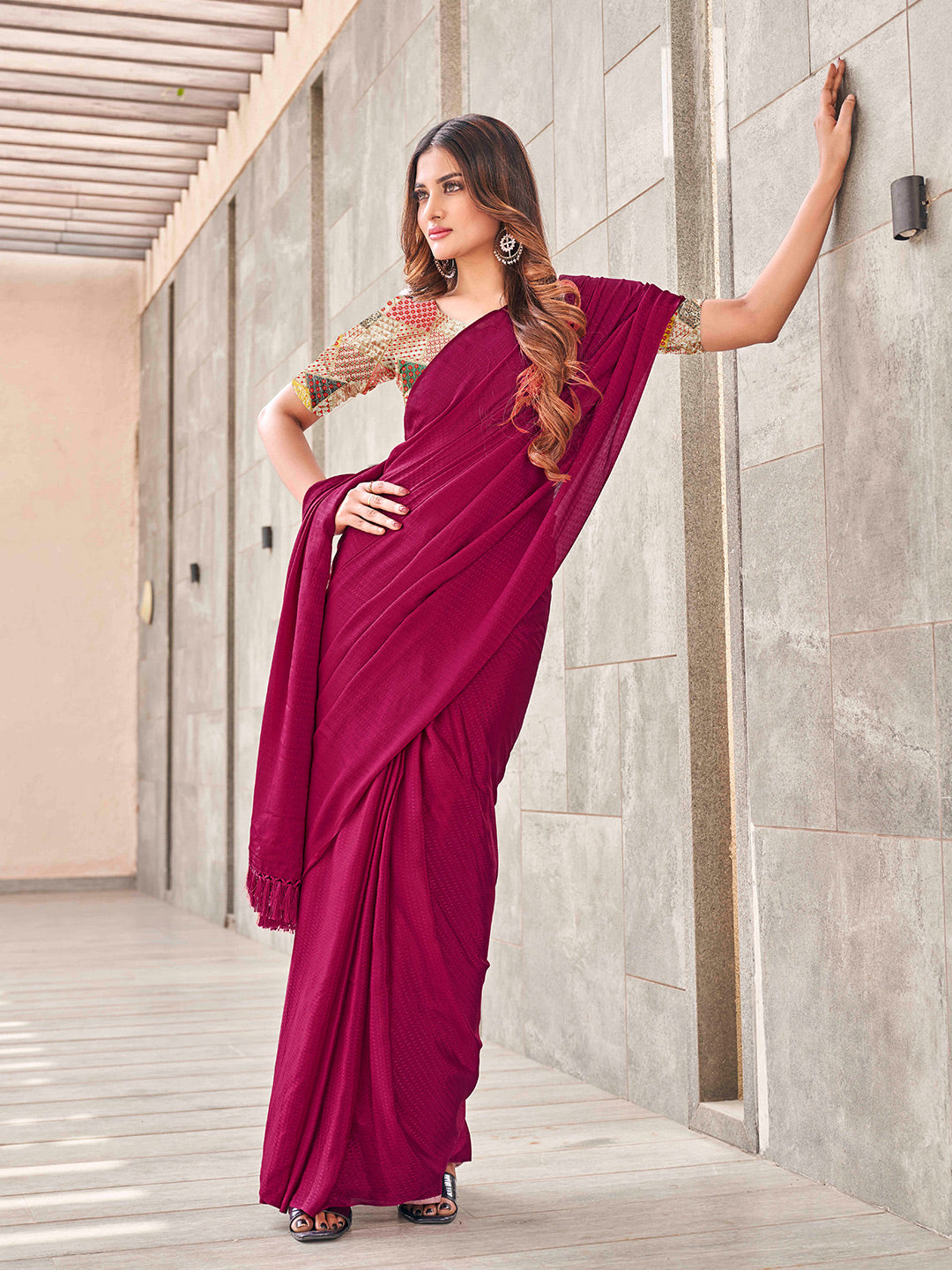 Tikhi Imli Woven Design Tasselled Satin Jacquard Ready to Wear Saree - Distacart