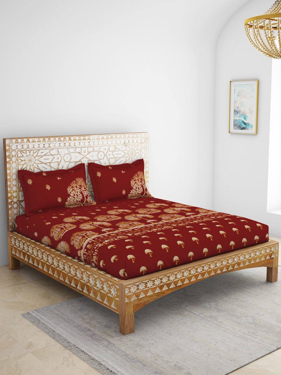 SPACES Red & Yellow Ethnic Motifs Cotton 210 TC King Bedsheet With 2 Pillow Covers - Distacart