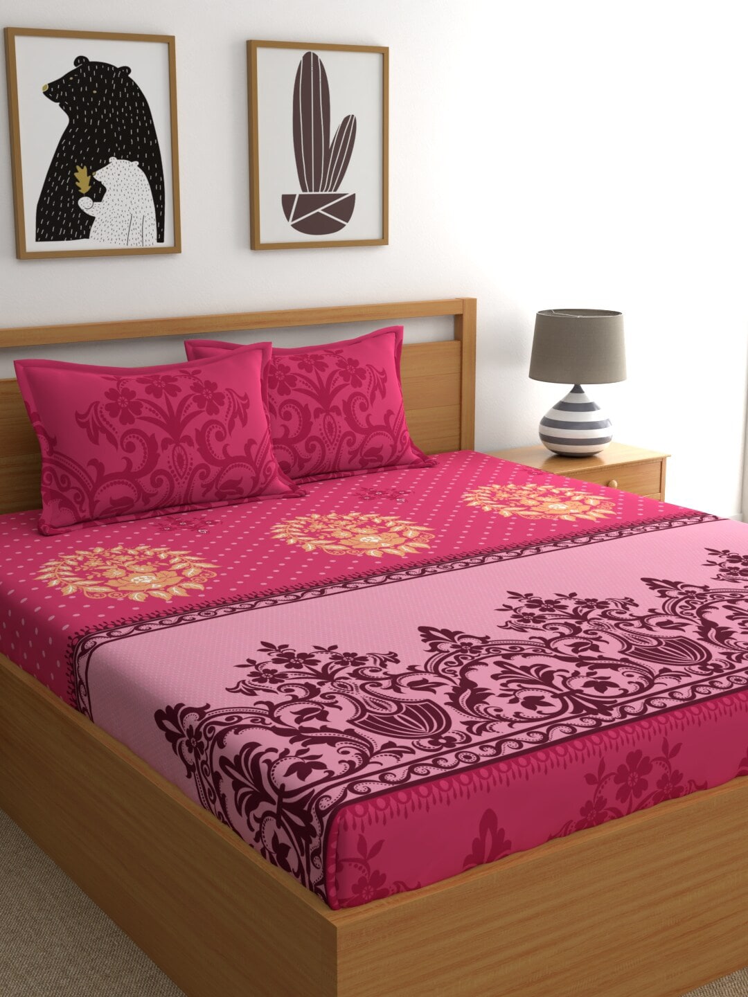 Dreamscape Pink & Cream-Coloured 140 TC Pure Cotton King Bedsheet with 2 Pillow Covers - Distacart