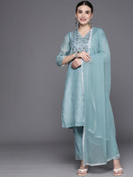 Thumbnail for Biba Women Blue Ethnic Motifs Yoke Design Kurta with Trousers & Dupatta - Distacart