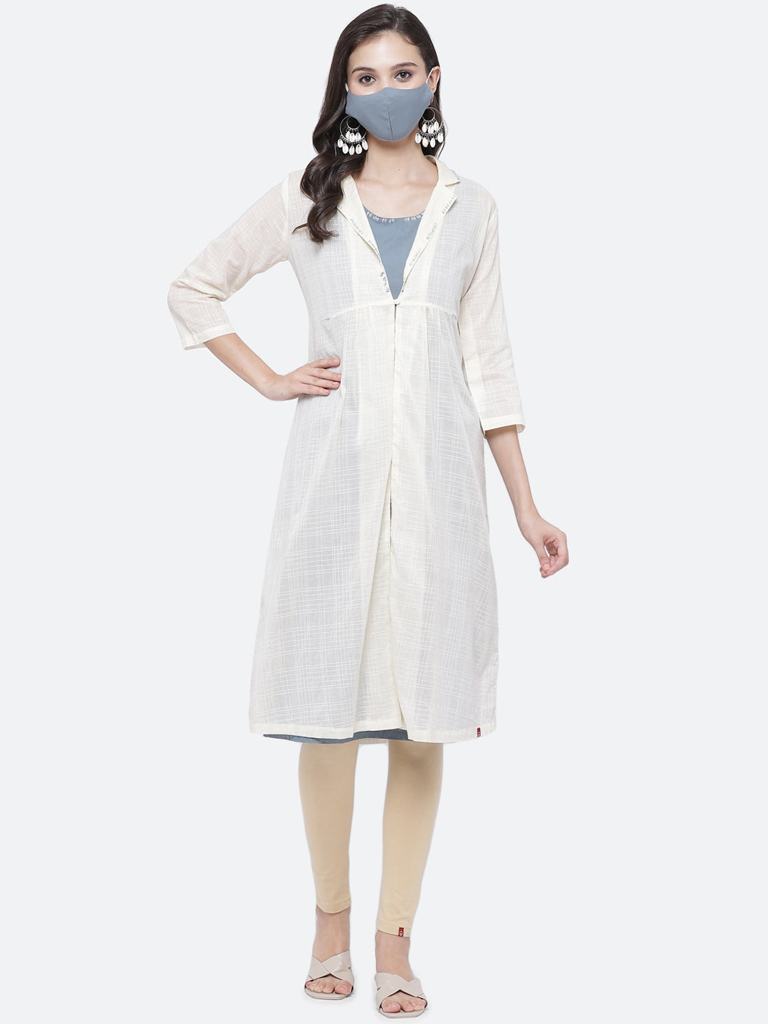 Biba Women Blue Cotton Kurta With Mask & Jacket - Distacart