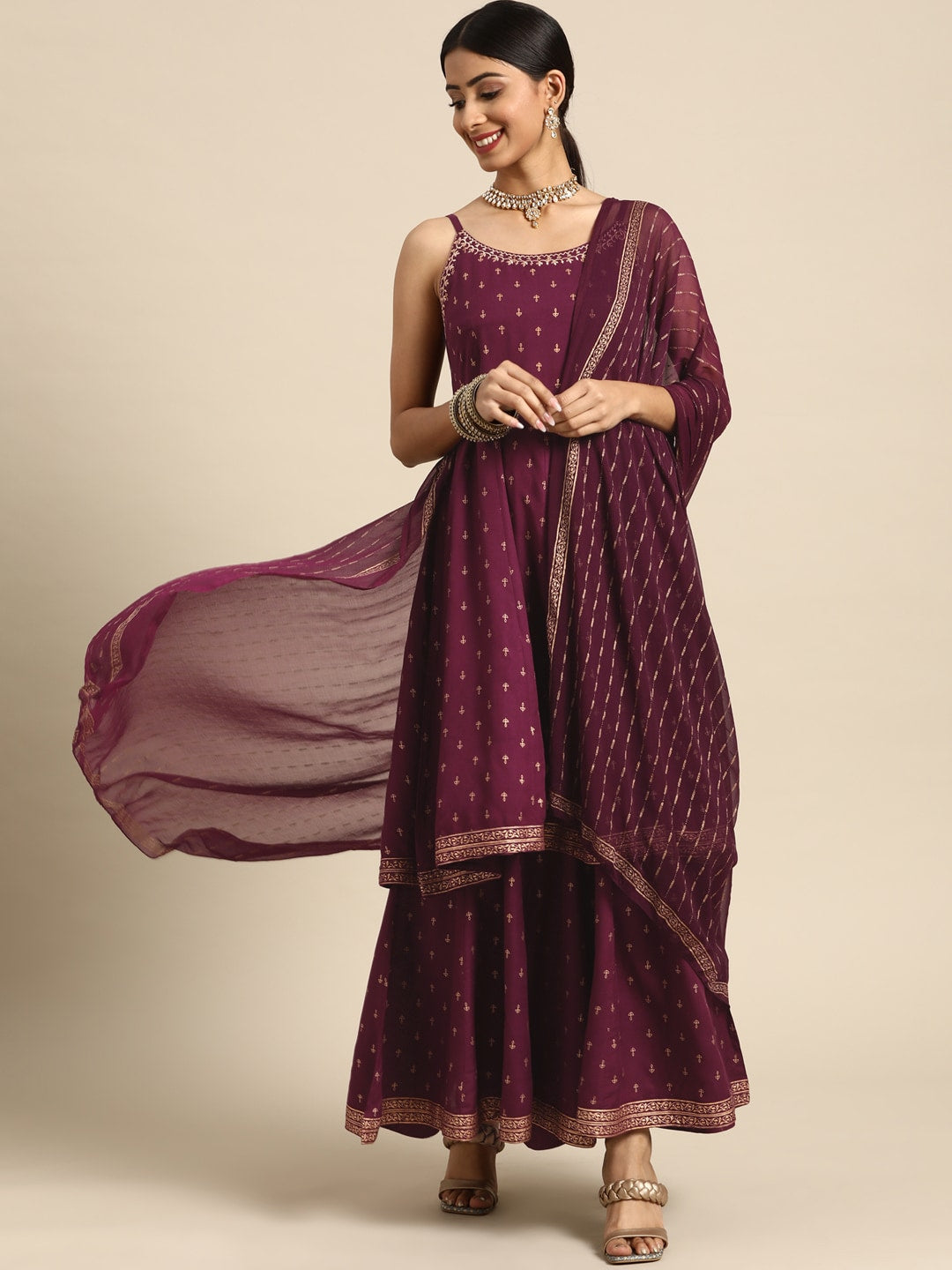 Sangria Women Burgundy & Golden Ethnic Motifs Printed Kurta with Sharara & Dupatta - Distacart