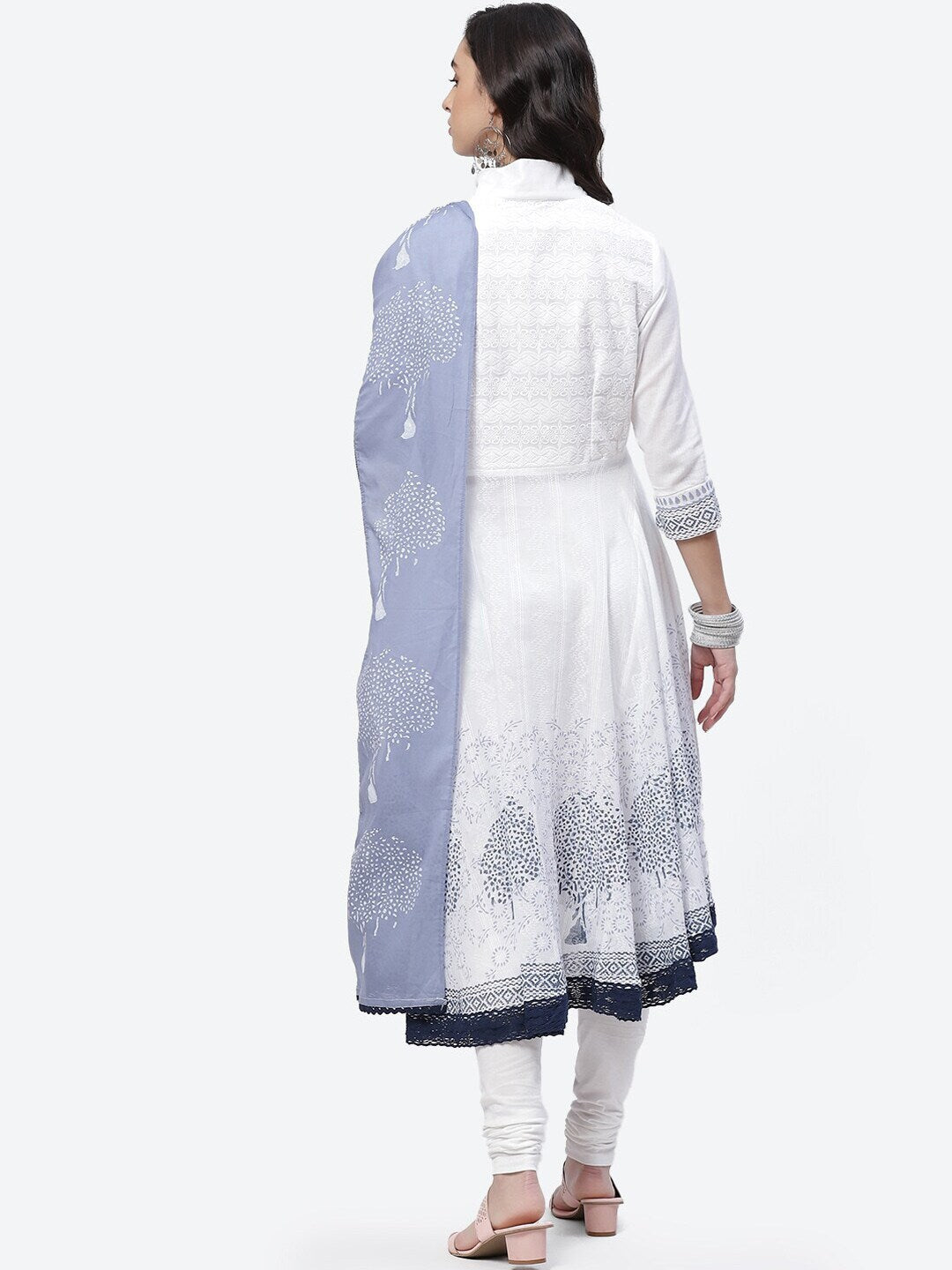 Biba Women White Ethnic Motifs Embroidered Pleated Thread Work Pure Cotton Kurta with Churidar & With Dupatta - Distacart
